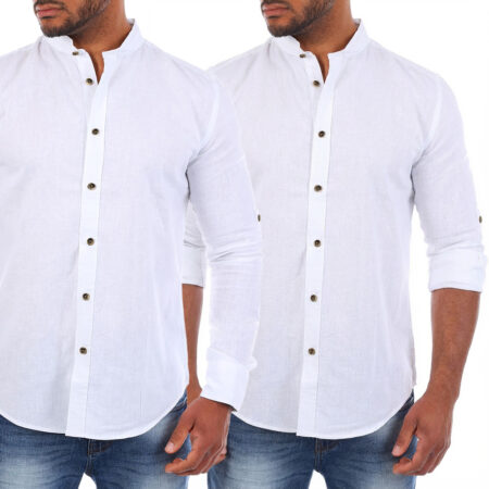 Koszula Przewiewna Stójka Bez Kołnierza Podwijane Rękawy 100 % bawełna white