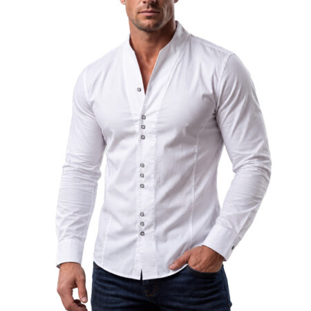 Męska koszula slim fit ze stójką TOM CO. – elegancka koszula z ozdobnymi guzikami white