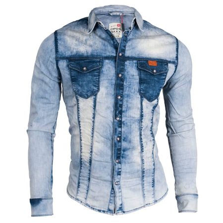 Jasna Koszula Jeansowa Cipo Baxx Przecierana Taliowana Slim CH117