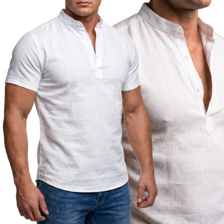 Koszula Męska Stójka Len Casual Przewiewna Lniana White
