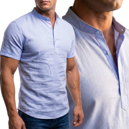 Koszula Męska Stójka Len Casual Przewiewna Lniana Blue