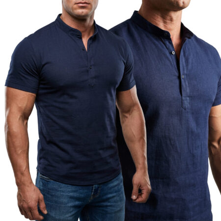 Koszula Męska Stójka Len Casual Przewiewna Lniana Navy
