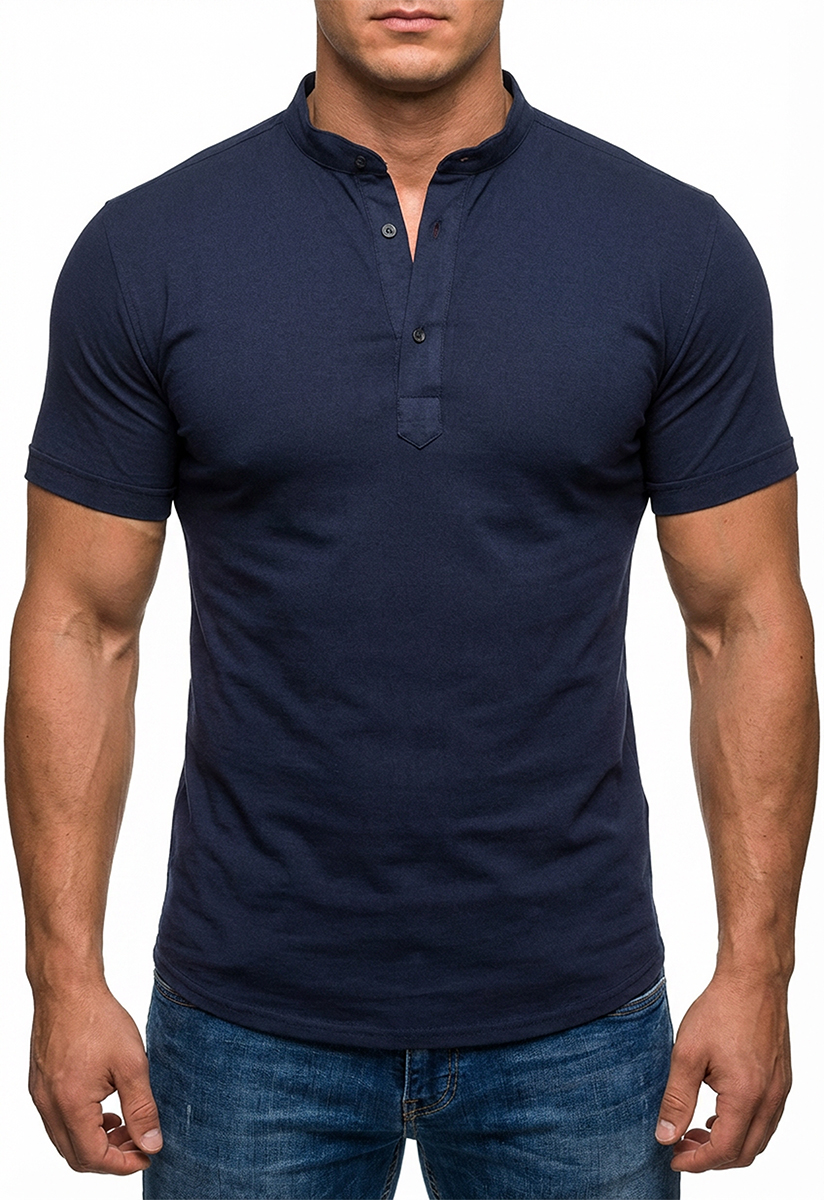 Koszula Męska Stójka Len Casual Przewiewna Lniana Navy - obrazek 2