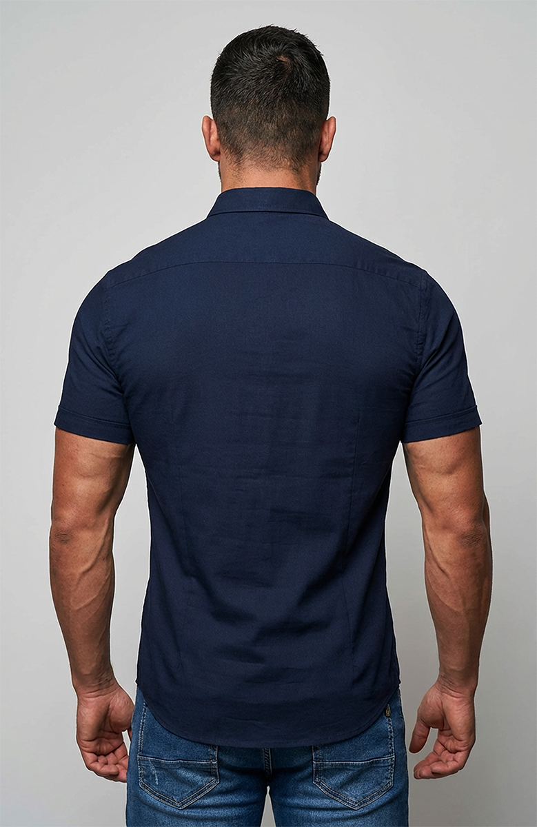 Koszula Męska Stójka Len Casual Przewiewna Lniana Navy - obrazek 5