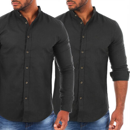 Koszula Przewiewna Stójka Bez Kołnierza Podwijane Rękawy 100 % bawełna black