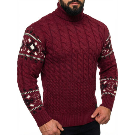 Sweter Wzór Norweski Golf Męski Stójka Dopasowany z wełną Bordo