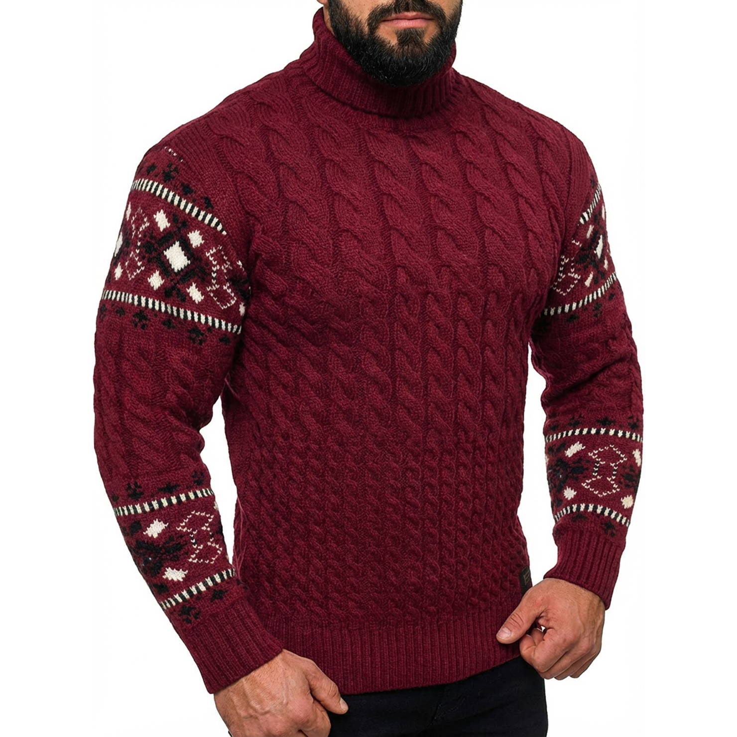 Sweter Wzór Norweski Golf Męski Stójka Dopasowany z wełną Bordo