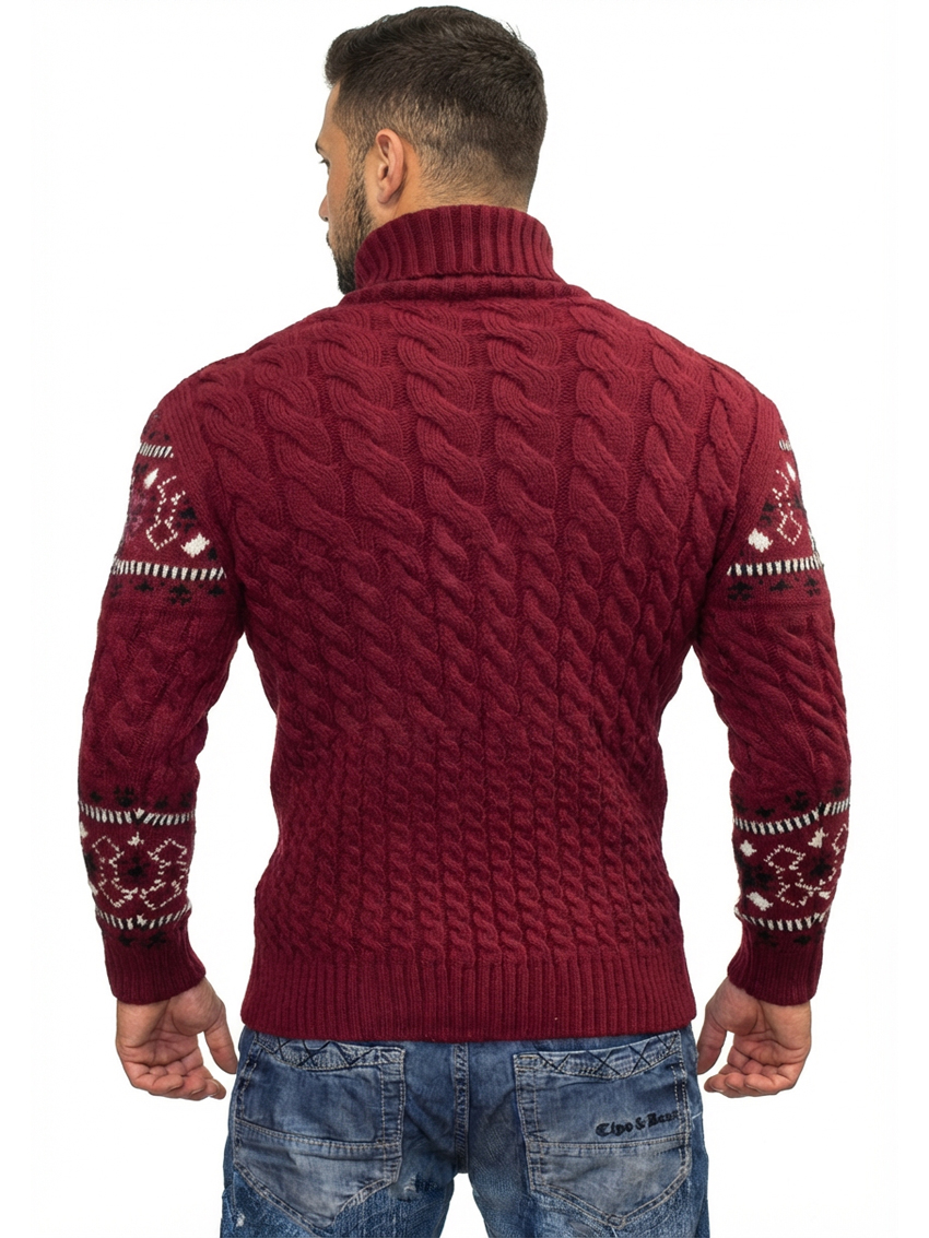 Sweter Wzór Norweski Golf Męski Stójka Dopasowany z wełną Bordo - obrazek 3