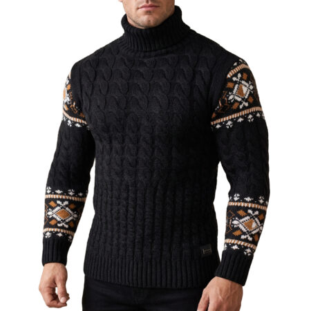Sweter Wzór Norweski Golf Męski Stójka Dopasowany z wełną Black