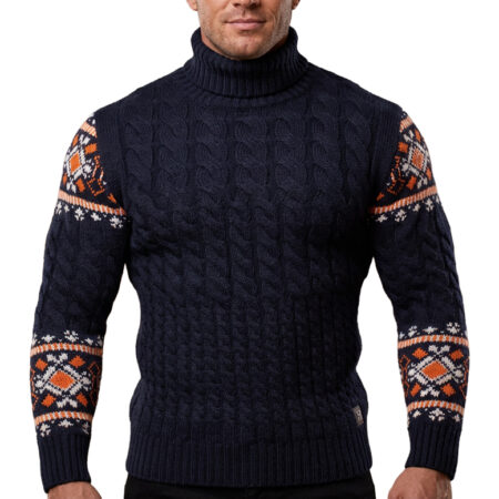 Sweter Wzór Norweski Golf Męski Stójka Dopasowany z wełną Navy