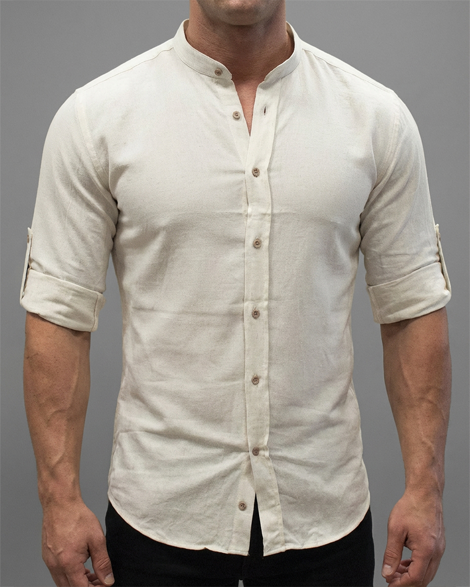 Koszula Bawełniana Stójka Bez Kołnierza Casual Przewiewna Podwijane Rękawy Beige - obrazek 2