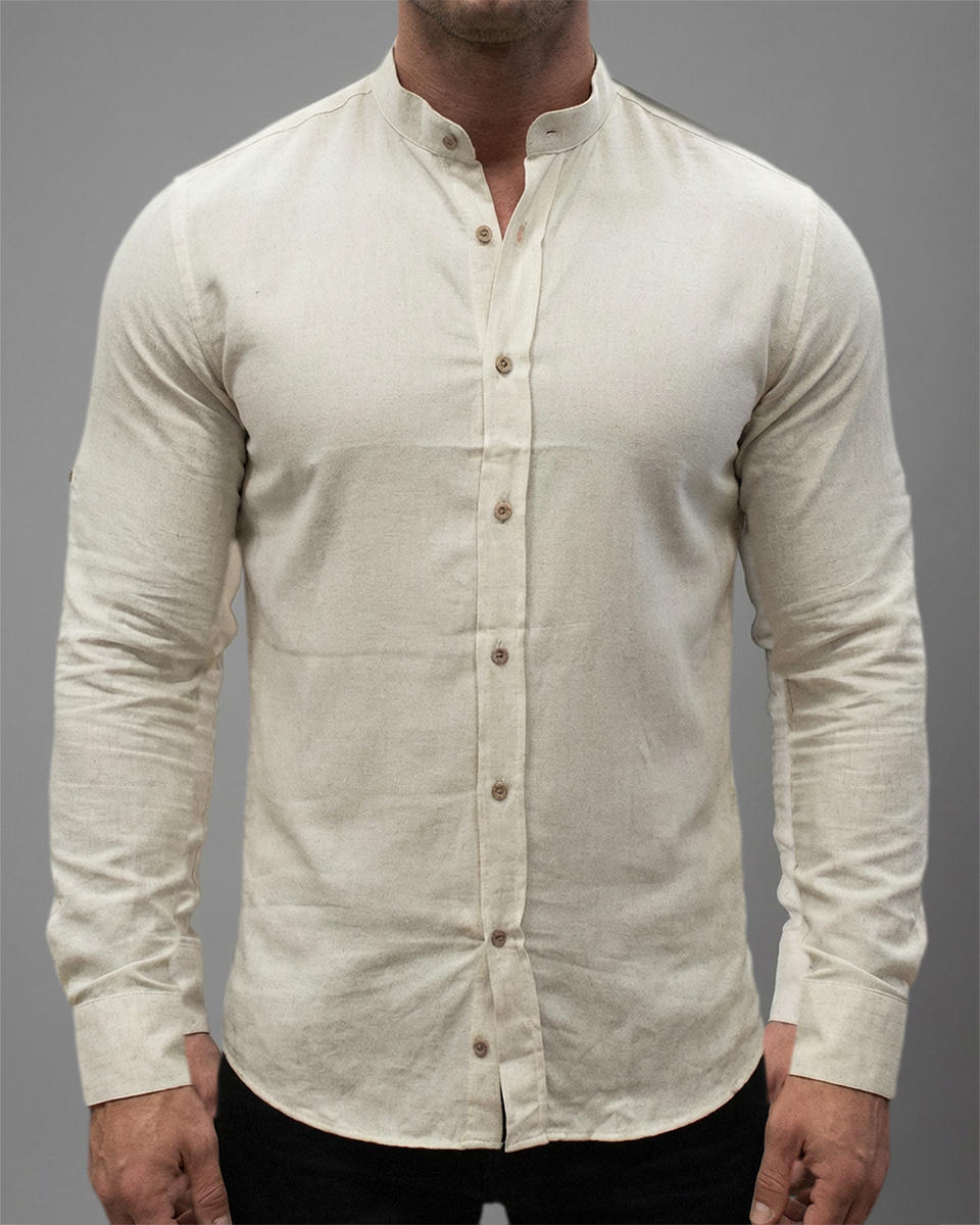 Koszula Bawełniana Stójka Bez Kołnierza Casual Przewiewna Podwijane Rękawy Beige - obrazek 3