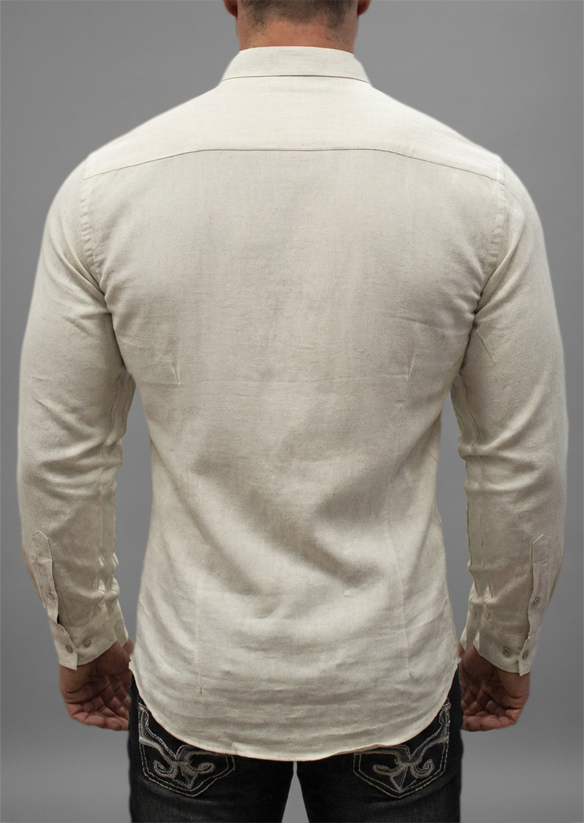 Koszula Bawełniana Stójka Bez Kołnierza Casual Przewiewna Podwijane Rękawy Beige - obrazek 4