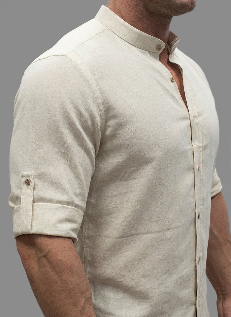 Koszula Bawełniana Stójka Bez Kołnierza Casual Przewiewna Podwijane Rękawy Beige - obrazek 5