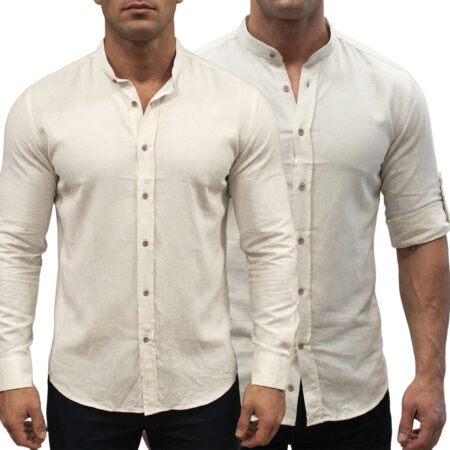 Koszula Bawełniana Stójka Bez Kołnierza Casual Przewiewna Podwijane Rękawy Beige