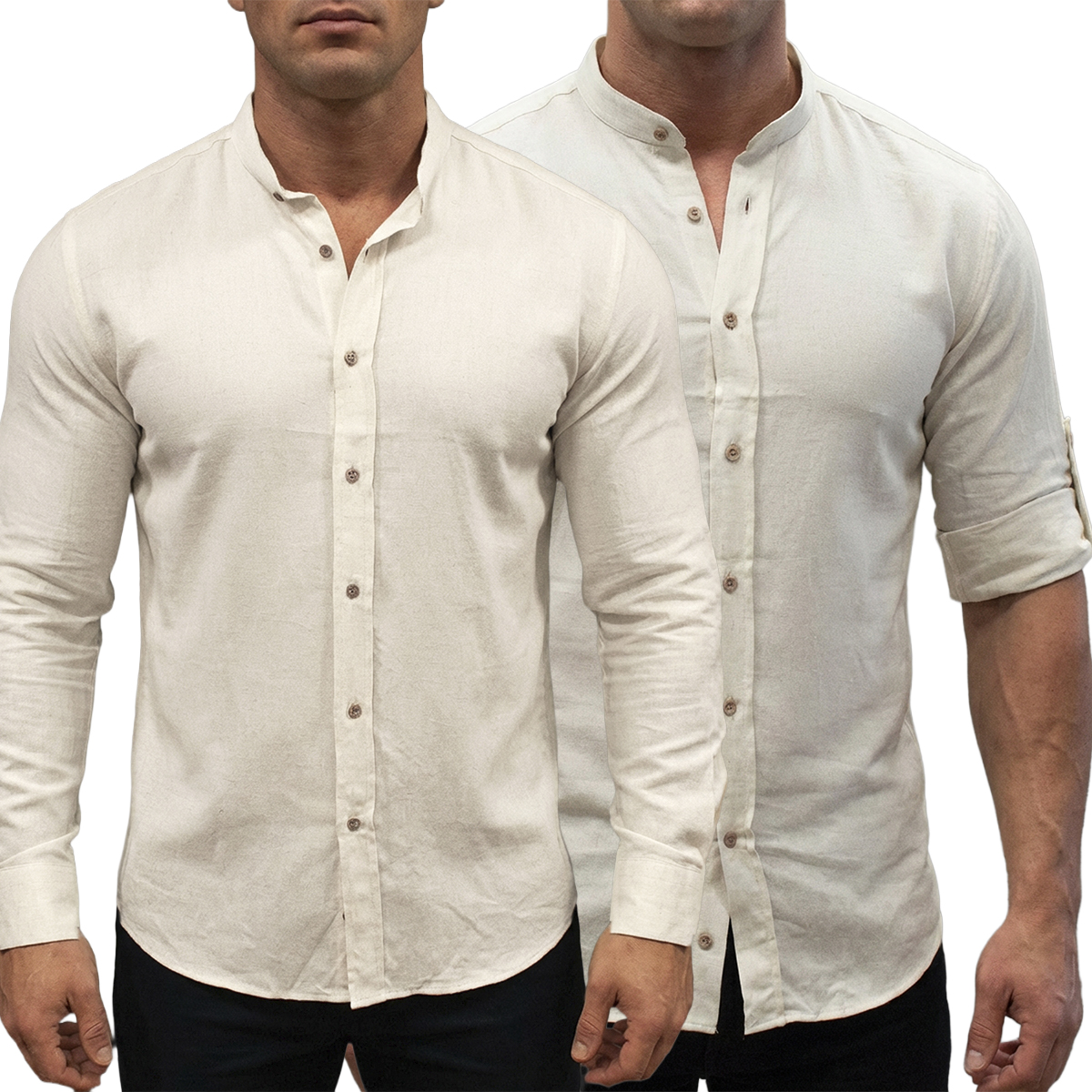 Koszula Bawełniana Stójka Bez Kołnierza Casual Przewiewna Podwijane Rękawy Beige