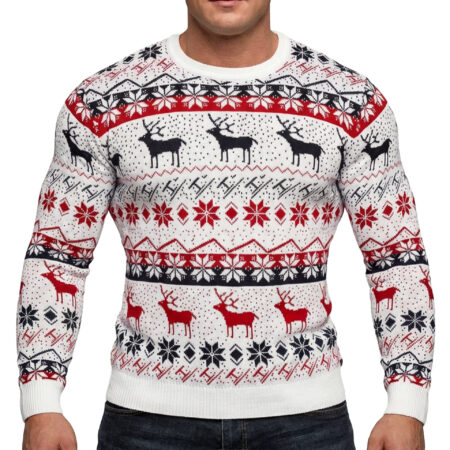 Sweter Wzór Norweski Świąteczny Dopasowany Bawełna Święta Prezent White