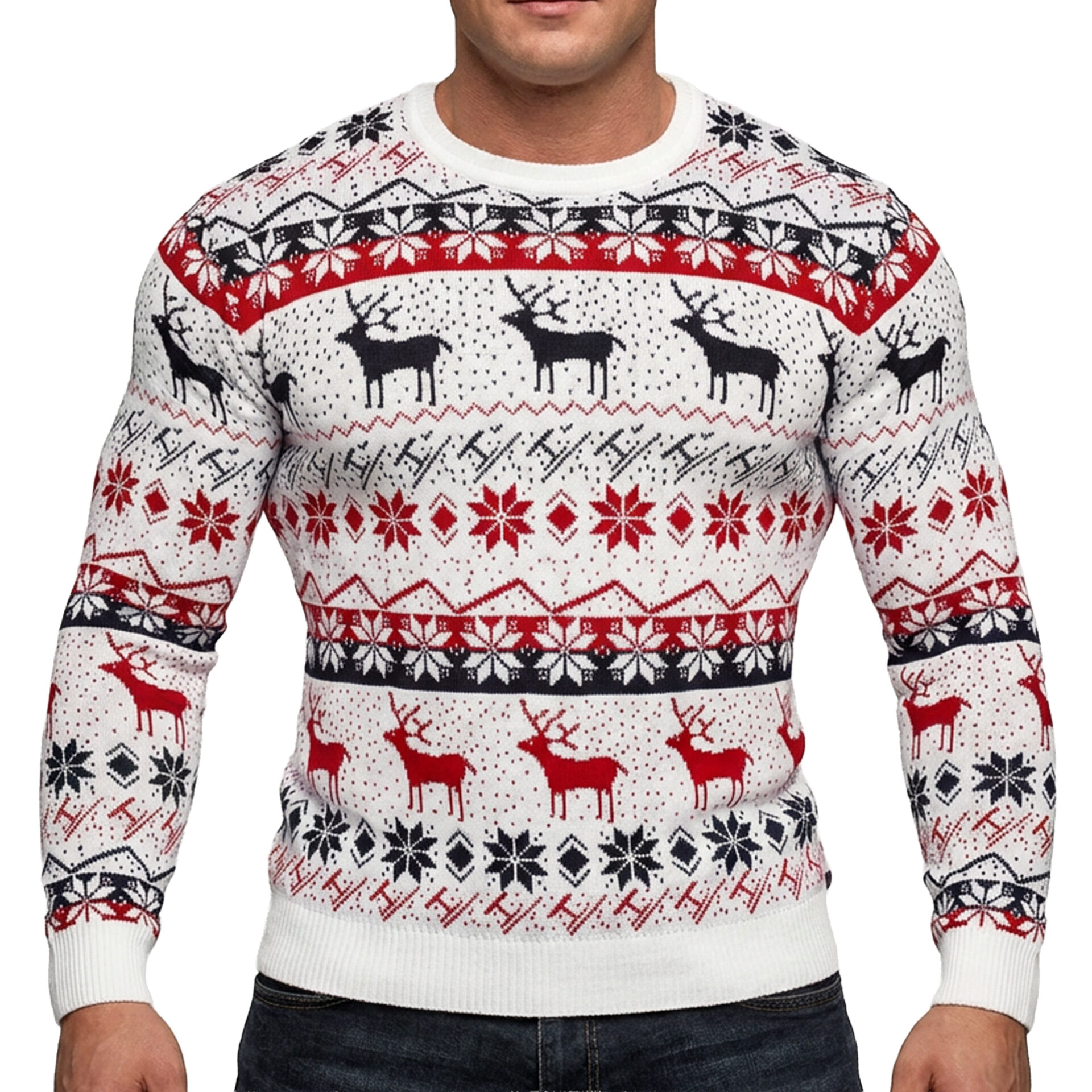 Sweter Wzór Norweski Świąteczny Dopasowany Bawełna Święta Prezent White