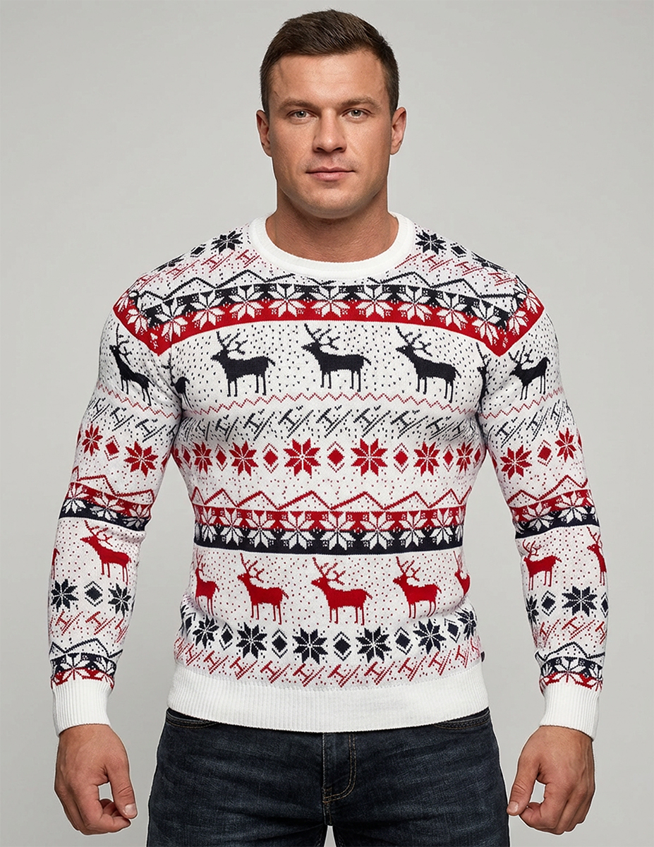 Sweter Wzór Norweski Świąteczny Dopasowany Bawełna Święta Prezent White - obrazek 2
