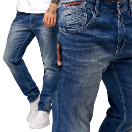 Spodnie Cipo Baxx Jeansy Klasyczne Przecierane Kontrastowa Biała Nić cd796