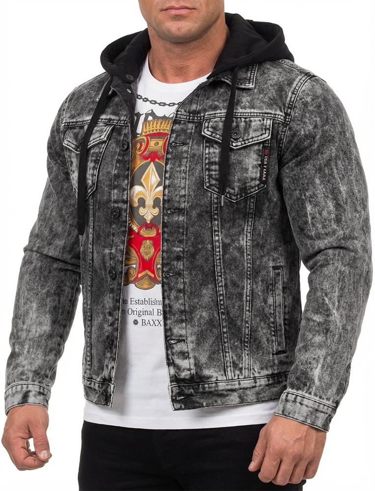 Kurtka Męska Cipo Baxx Jeansowa Katana Przecierana Jeans Klasyka z Odpinanym Kapturem CJ301 - obrazek 2