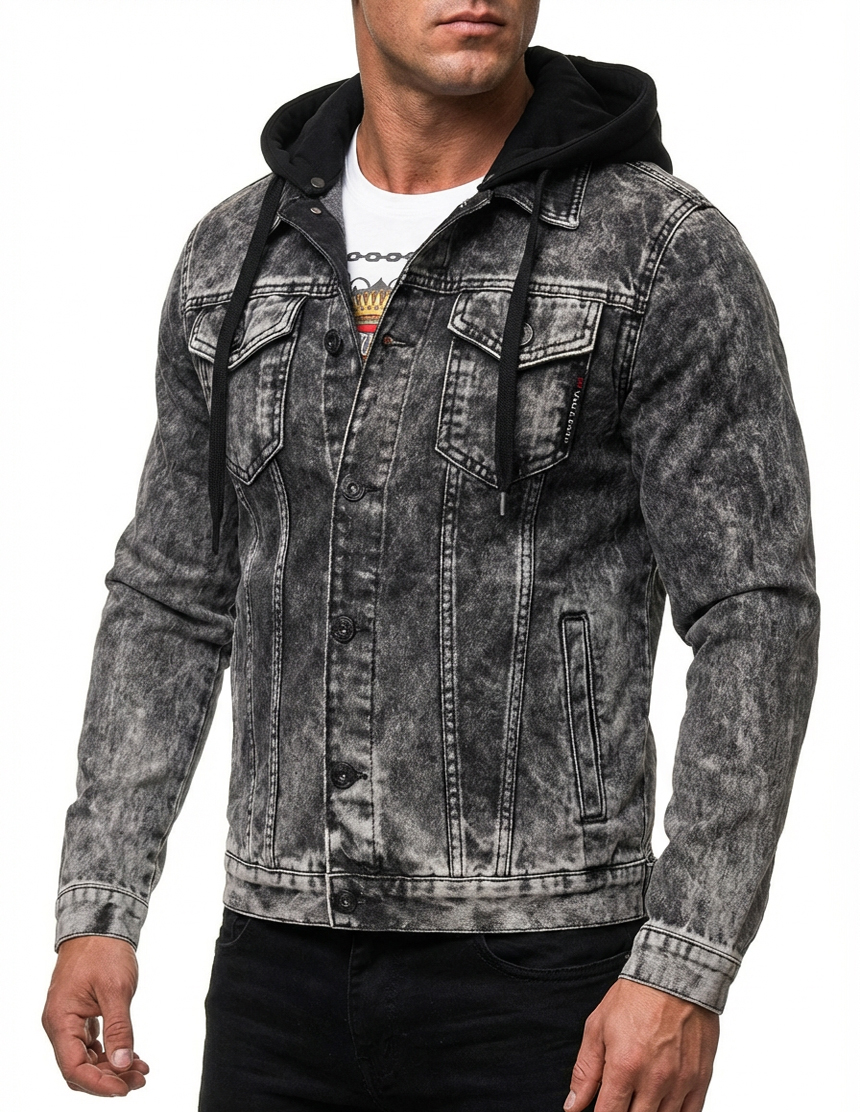 Kurtka Męska Cipo Baxx Jeansowa Katana Przecierana Jeans Klasyka z Odpinanym Kapturem CJ301 - obrazek 4