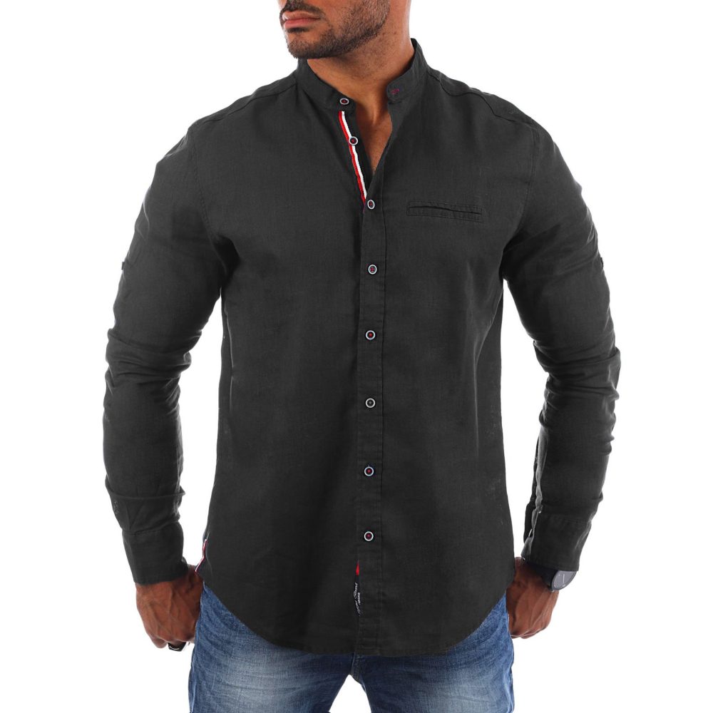 Koszula Męska Casual Stójka Codzienna Przewiewna Bawełna Len black 1