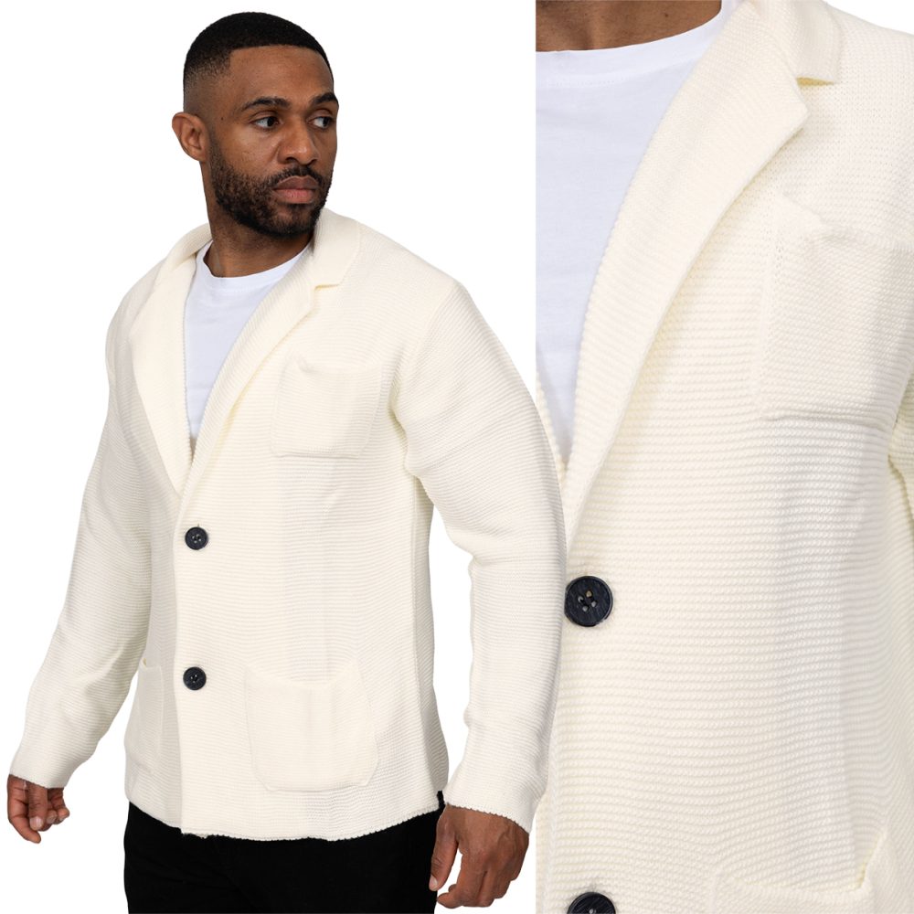 Sweter Męski Rozpinany Kardigan Marynarka Kieszonka Elastyczny Casual Italy ecru