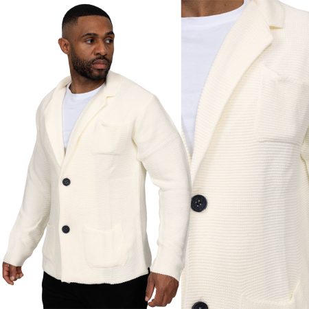 Sweter Męski Rozpinany Kardigan Marynarka Kieszonka Elastyczny Casual Italy ecru