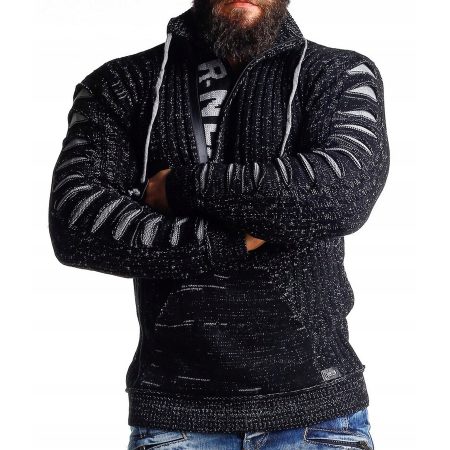 SWETER MĘSKI GRUBY GOLF ROZPINANY STÓJKA CZARNY