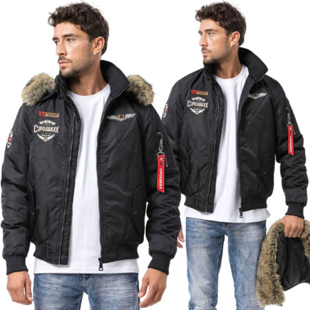 Kurtka Pilotka Cipo Baxx Odpinany Kaptur Futerko Naszywki cm229 black