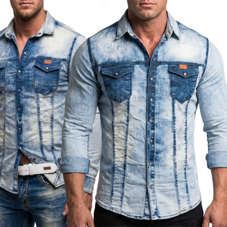 Jasna Koszula Jeansowa Cipo Baxx Przecierana Taliowana Slim CH117