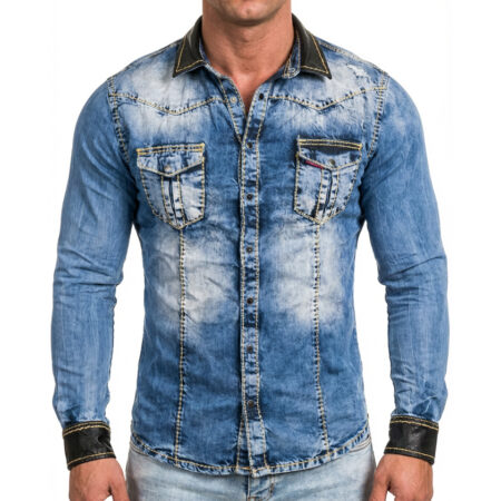 Koszula Jeansowa Cipo Baxx Przecierana Taliowana Slim Skóra Gruba Nić ch129