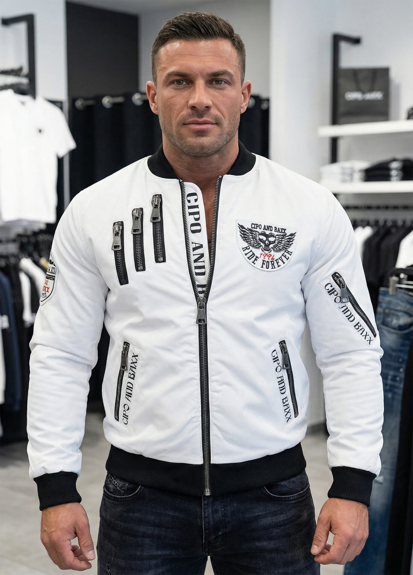 Kurtka Cipo Baxx Przejściówka Zamki Ride Forever Naszywki CJ138 white - obrazek 2