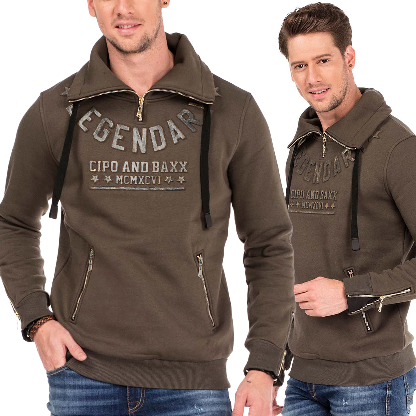 Cipo Baxx Ciepła Bluza Męska Zamki Stójka Legendary Khaki cl324