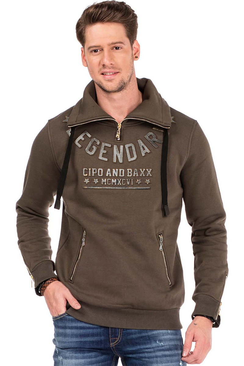 Cipo Baxx Ciepła Bluza Męska Zamki Stójka Legendary Khaki cl324 - obrazek 6
