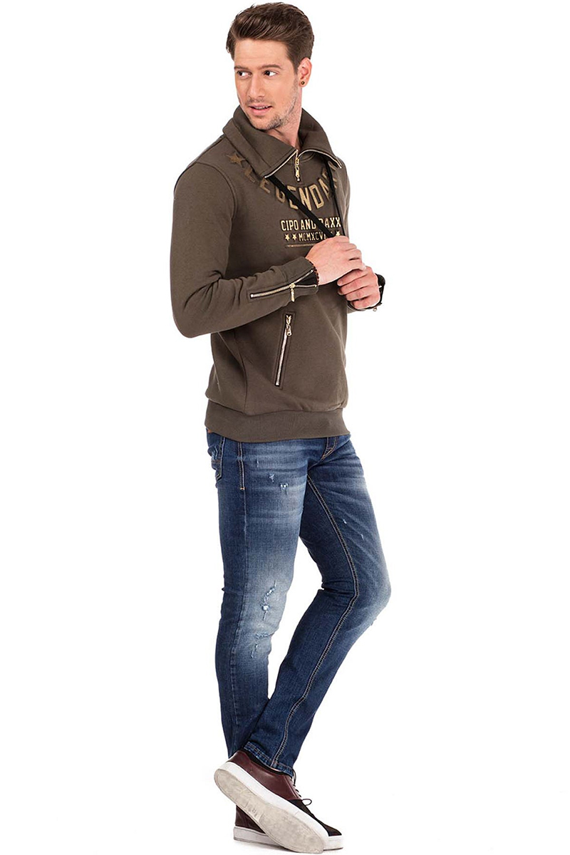 Cipo Baxx Ciepła Bluza Męska Zamki Stójka Legendary Khaki cl324 - obrazek 7
