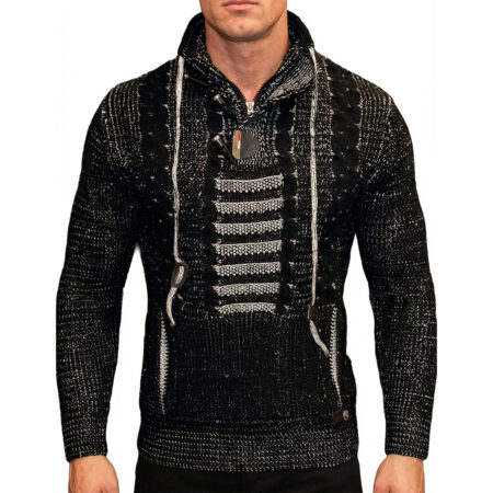 Sweter Gruby Golf Pleciony Męski Stójka Dopasowany z wełną Zapięcia kangurka 51343 black