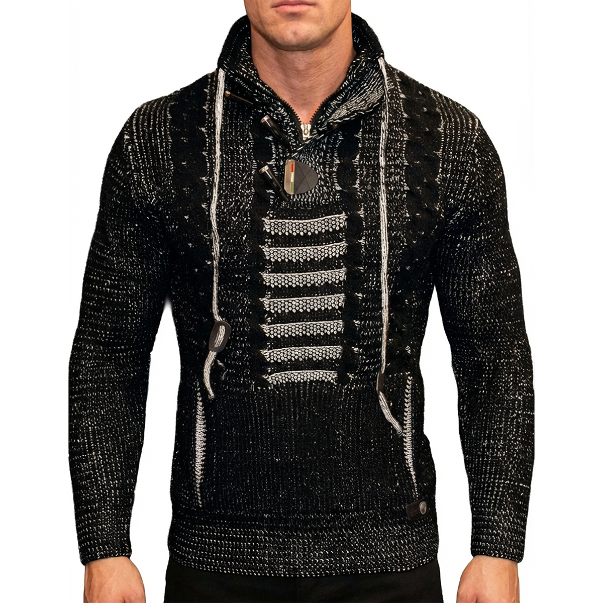 Sweter Gruby Golf Pleciony Męski Stójka Dopasowany z wełną Zapięcia kangurka 51343 black