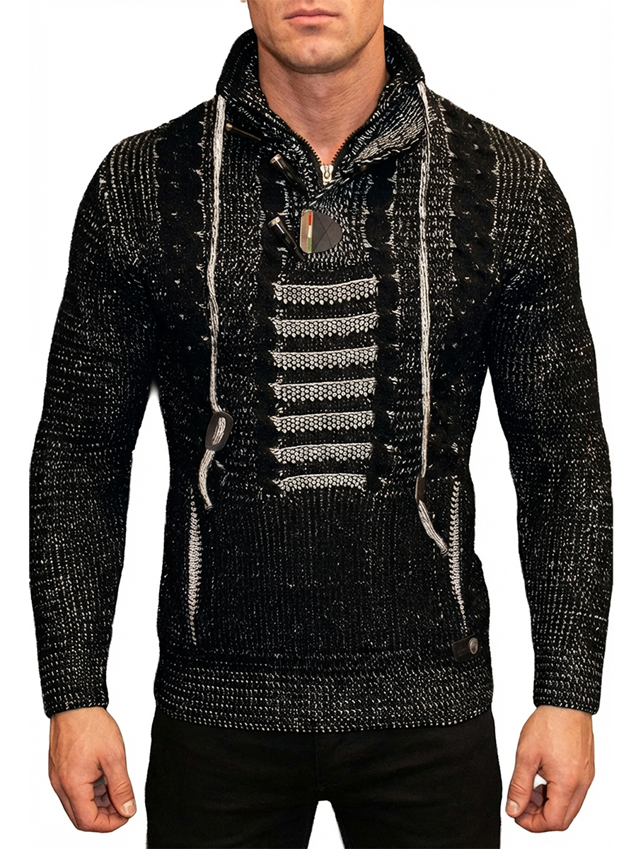 Sweter Gruby Golf Pleciony Męski Stójka Dopasowany z wełną Zapięcia kangurka 51343 black - obrazek 4