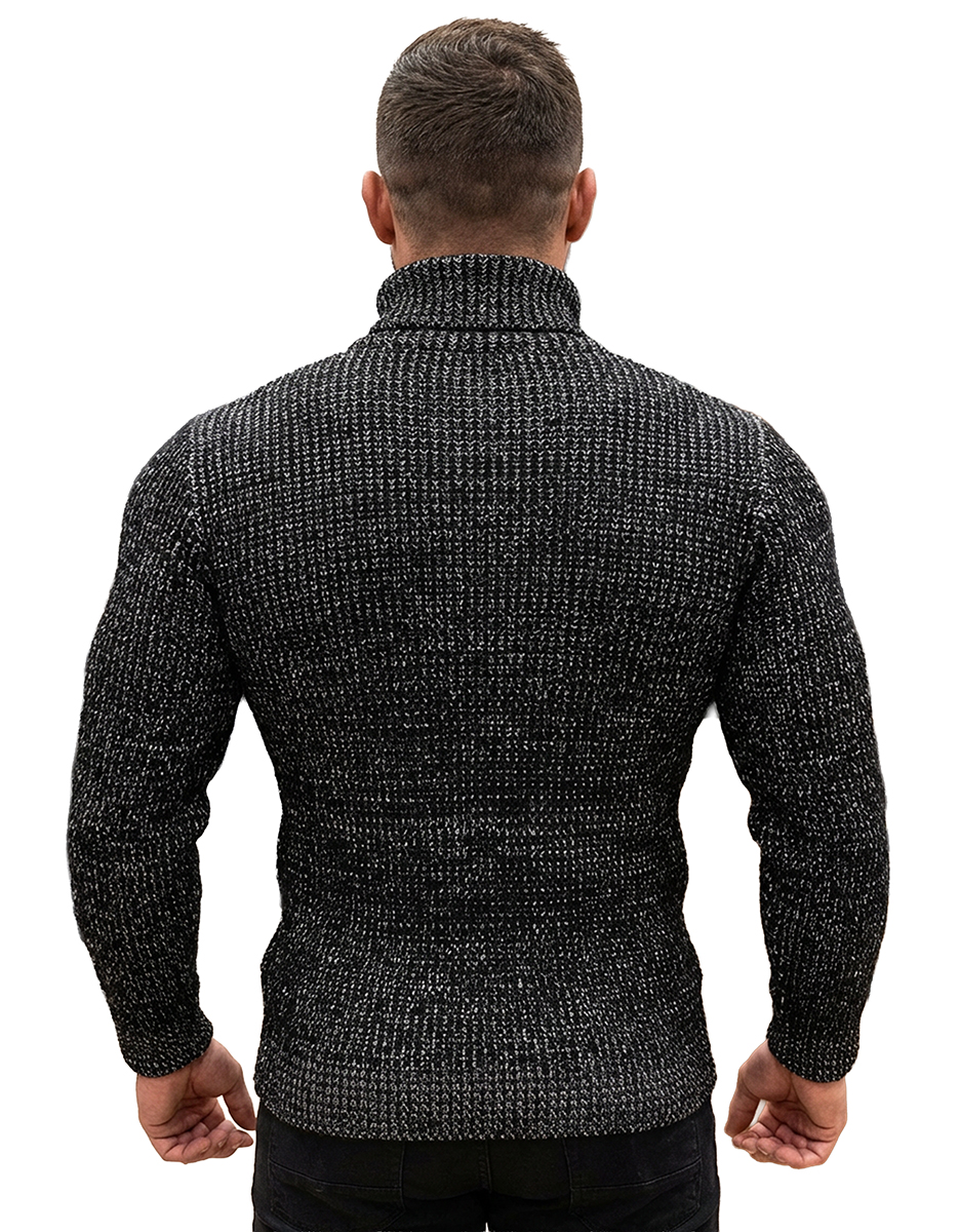 Sweter Gruby Golf Pleciony Męski Stójka Dopasowany z wełną Zapięcia kangurka 51343 black - obrazek 5