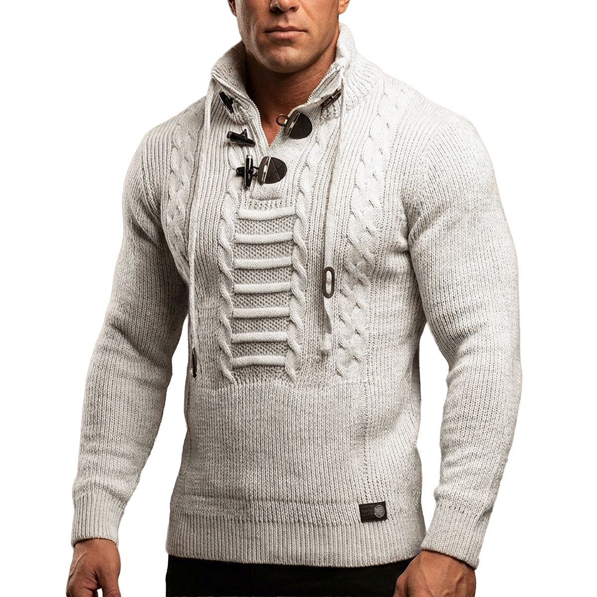 Sweter Gruby Golf Pleciony Męski Stójka Dopasowany z wełną Zapięcia kangurka 51343 white