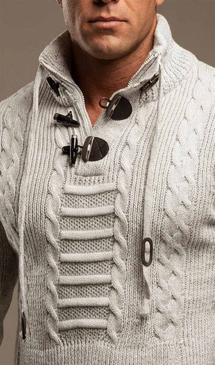 Sweter Gruby Golf Pleciony Męski Stójka Dopasowany z wełną Zapięcia kangurka 51343 white - obrazek 3