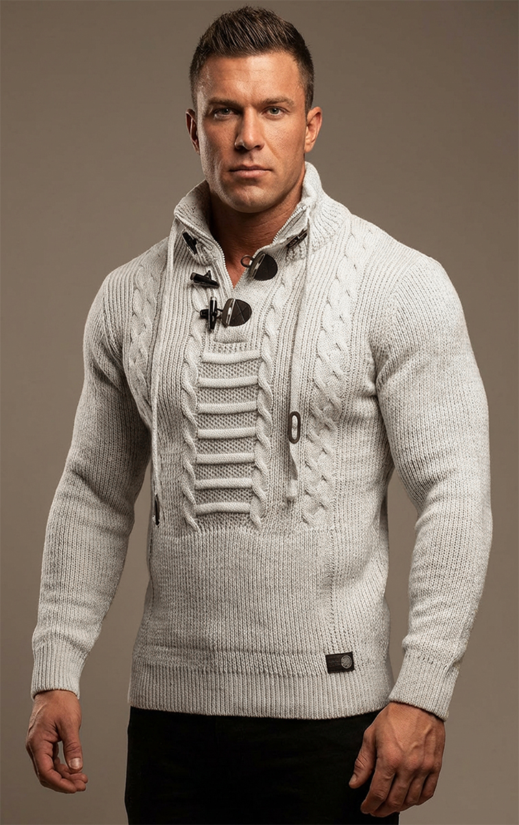 Sweter Gruby Golf Pleciony Męski Stójka Dopasowany z wełną Zapięcia kangurka 51343 white - obrazek 4