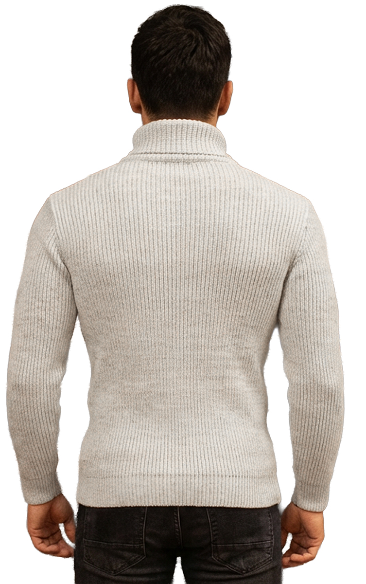 Sweter Gruby Golf Pleciony Męski Stójka Dopasowany z wełną Zapięcia kangurka 51343 white - obrazek 5