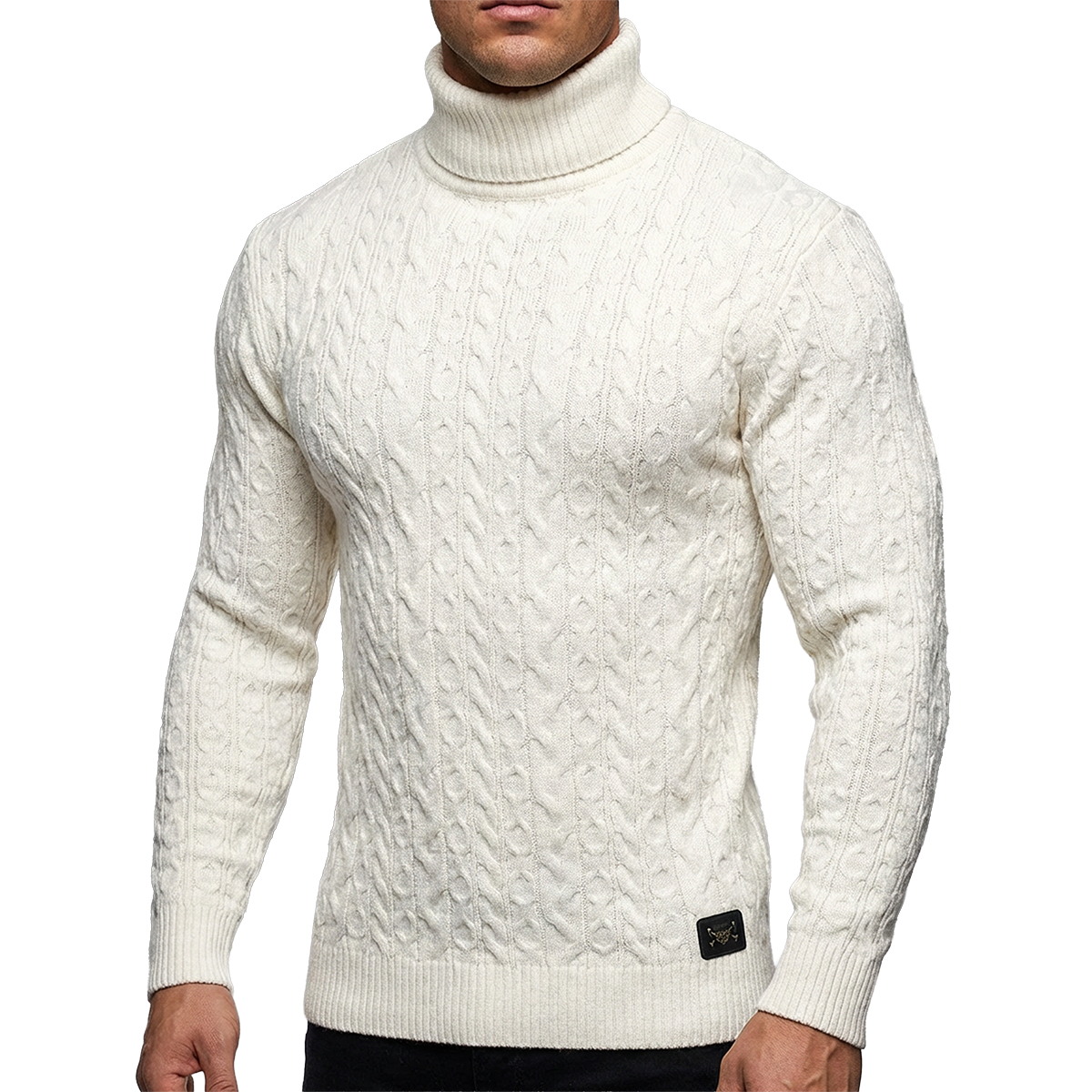 Delikatny Sweter Golf Pleciony Męski Stójka Dopasowany z wełną 54101 White