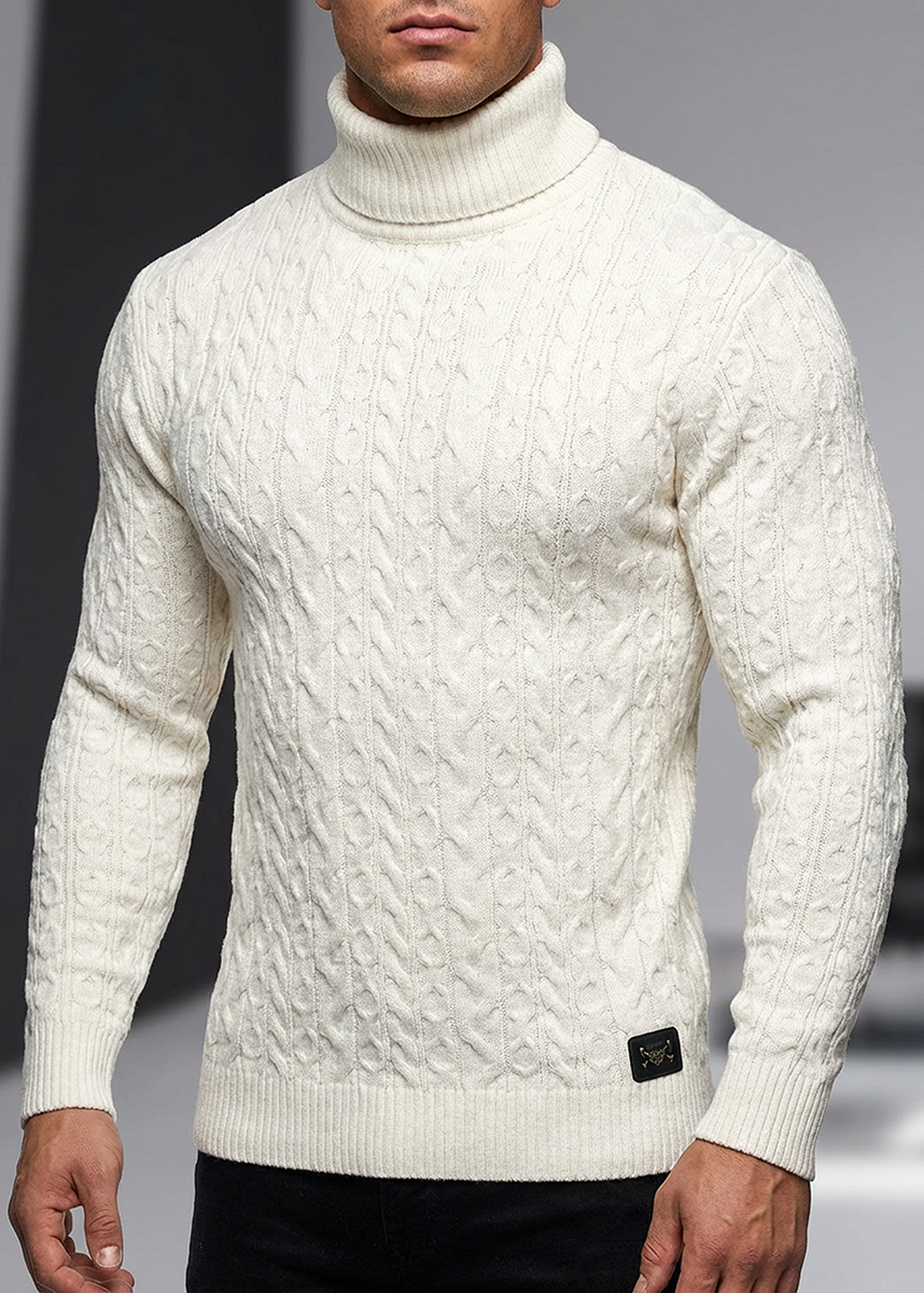 Delikatny Sweter Golf Pleciony Męski Stójka Dopasowany z wełną 54101 White - obrazek 3