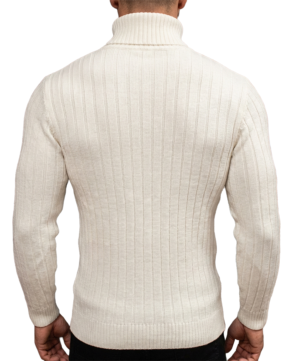 Delikatny Sweter Golf Pleciony Męski Stójka Dopasowany z wełną 54101 White - obrazek 4