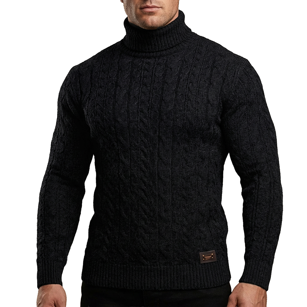 Delikatny Sweter Golf Pleciony Męski Stójka Dopasowany z wełną 54101 Black