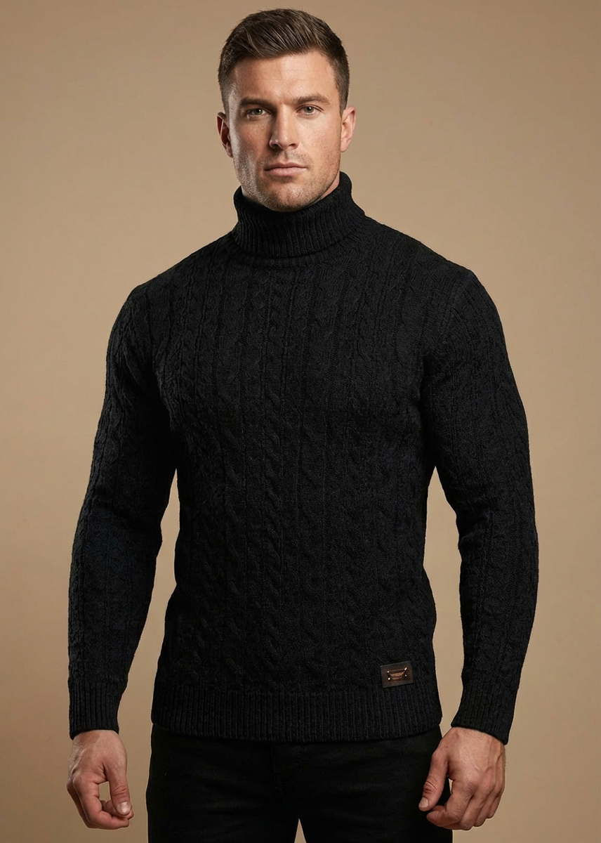 Delikatny Sweter Golf Pleciony Męski Stójka Dopasowany z wełną 54101 Black - obrazek 3